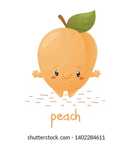 Poster with cute peach. Fun character in cartoon style