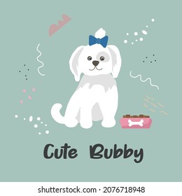 Poster with a cute pet dog and handwritten text. Print for printing on children's clothing. Vector flat illustration