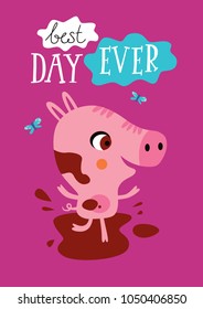 Poster with a cute pig on a purple background. Childish vector illustration in vector.