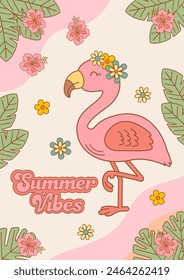 poster with cute pink flamingo and flowers