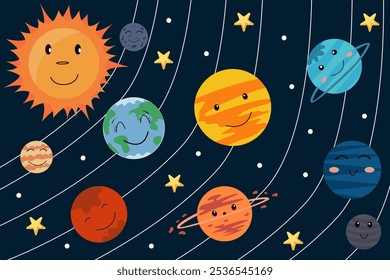 Cartaz com planetas bonitos do sistema solar. Colorido bonitos personagens engraçados sol e planetas. Cartaz de planetas de fantasia para têxteis infantis, papel de embrulho, tecido