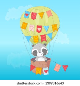 Poster cute raccoon flying in a balloon. Cartoon style. Vector