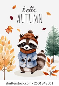 Poster with cute raccoon and gold leaves. Autumn background, banner, flyer design. Autumnal template