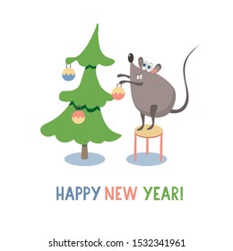 Poster with a cute rat  decorating a Christmas tree. Symbol of the new year 2020. 