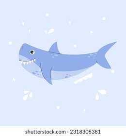 Poster with cute sea blue shark. A colorful illustration of a swimming ocean shark sticker for kids. Cute cartoon undersea world. Vector stock illustration. Deep Ocean or sea with shark.