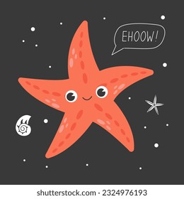 Poster with cute sea red star. Colorful sticker illustration for kids with lattering . Cute cartoon undersea world. Cute cartoon undersea world. Vector stock illustration isolated on dark background. 