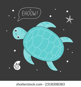 Poster with cute sea turtle and seashells with lattering. Concept of saving and protecting sea creatures and ecosystem. Colorful illustration with a sea turtle for children. Vector stock illustration.