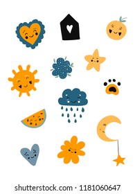 Poster cute set of scandinavian kids cartoon characters. Vector illustration. blue, black.