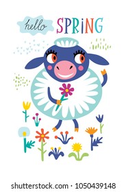 Poster with a cute sheep on a white background. Childish vector illustration in vector.