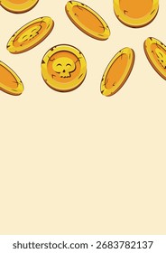 Cartel con cráneos lindos ubicados en monedas de oro en las ranuras que se encuentran en diferentes pilas sobre un fondo amarillo, monedas para el juego, iconos u otros sitios de juego