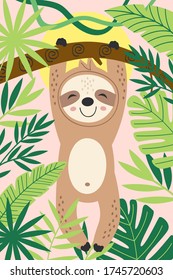 poster with cute sloth hanging on a branch among tropical plants
 -  vector illustration, eps