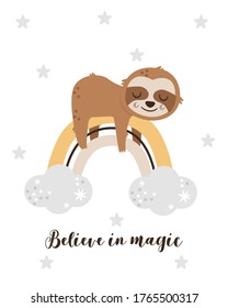 poster with cute sloth and rainbow - vector illustration, eps