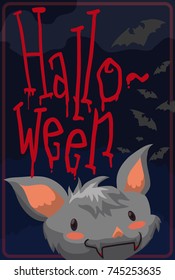 Poster with cute smiling bat face and a swarm of bats flying in a spooky Halloween night with bloody text.