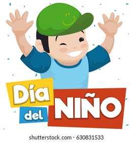 Poster with cute smiling boy with cap, celebrating Children's Day (written in Spanish) with confetti shower.
