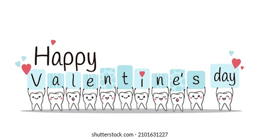 Poster with cute smiling cartoon teeth with hearts on a white background. Happy Valentine's Day.  Stomatology concept. Flat style cartoon character illustration. Dental kids care banner. Vector