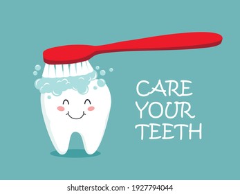 Poster with cute smiling cartoon tooth with soft foam bubbles. Stomatology, dental concept. Flat style cartoon character illustration. Dental kids care banner. Care your teeth