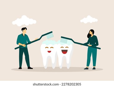 Poster with cute smiling cartoon tooth with soft foam bubbles. Stomatology, dental concept. Flat style cartoon character illustration. Dental kids care banner. Care your teeth