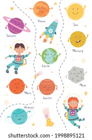 Poster with cute solar system planets by astronauts on white background. Vector illustration Sun, Moon, Jupiter, Mercury, Earth, Venus, Mars, Saturn, Uranus, Neptune