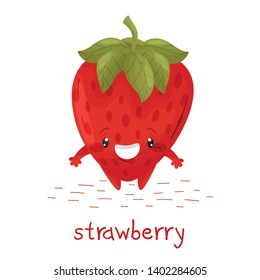 Poster with cute strawberry. Fun character in cartoon style
