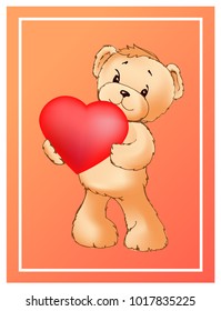 Poster with cute teddy bear holding red heart shape balloon or pillow in paws vector illustration greeting card design in orange frame, Valentines day