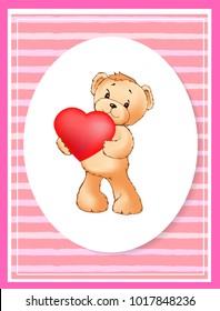 Poster with cute teddy bear holds his red heart, balloon or pillow in paws vector illustration greeting card design in pink oval frame, Valentines day