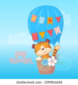 Poster cute tiger cub flies in a balloon. Cartoon style. Vector