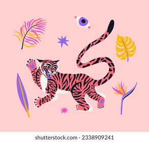 Poster with cute tiger, eye, banana leaf, palm tree on the pink background. Cartoon vector illustration for cover, postcard, stickers, t shirt. 