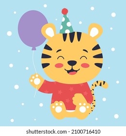 poster of cute tiger in party hat with balloon, cartoon vector illustration with animal isolated on blue background