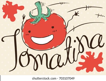 Poster with cute tomato in doodle style, flying at full speed with some spots around it for Tomatina Festival.