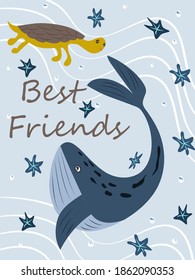 Poster with a cute turtle and a whale on a blue background - vector illustration, eps