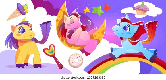 Poster with cute unicorns. Fairytale unicorns and ponies, rainbow and clouds. Magic horse character from bedtime stories. Childish design for wallpaper and background. Cartoon flat vector illustration