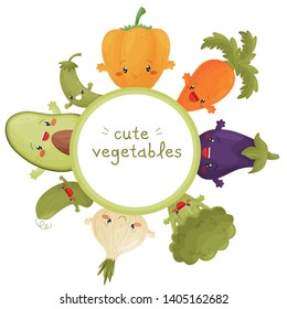 Poster of cute vegetables. Fun character in cartoon style. Round logo