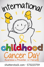 Poster with cute victorious boy with fighting gloves winning the battle against Childhood Cancer and commemorating this day in February 15.