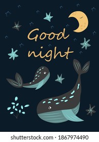 Poster with cute whales floating on the sea - vector illustration, eps
