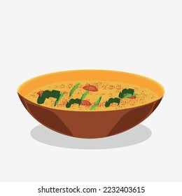Poster cutlery with dish of soup with vegetables vector illustration