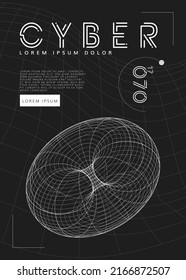 Poster with cyber distorted shape, retro punk design. Wireframe wave geometry shape on black background. Vector illustration.