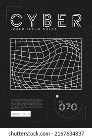 Poster with cyber distorted shape, retro punk design. Wireframe wave geometry shape on black background. Vector illustration