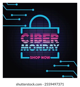 Poster for Cyber Monday, featuring a neon shopping bag outline and digital-themed graphics encouraging online shopping. Flat vector modern illustration 