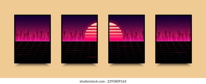 Poster in cyberpunk style. Neon vector color design, future city sunset.