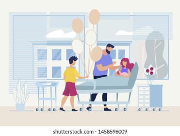 Poster with Dad and Eldest Son came with Balloons to Check Out Newborn Girl and Mother, who were Lying on Hospital Bed and Gently Holding Child on Level Ground. Dad Looks at Child with Thrill.