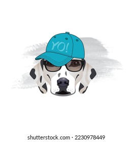 The poster of the Dalmatian Dog portrait in hip-hop hat. Vector illustration.