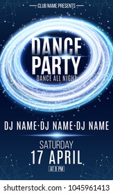 Poster for a dance party. Banner of luminous twisted lines. Glowing funnel. Magical blue dust. Abstract blue lights. Plexus elements. Festive web poster. DJ and club name. Vector illustration. EPS 10