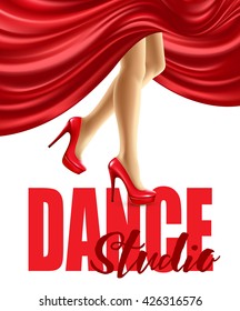 Poster for the dance studio with female legs in red shoes and skirt billowing. Vector illustration EPS10