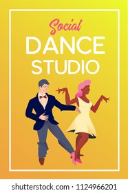 Poster for dance studio. Flyer or element of advertizing for social dances studio. Flat vector illustration. Dance party poster template, event flyer invitation.