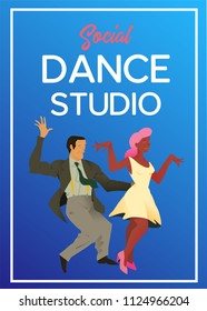 Poster for dance studio. Flyer or element of advertizing for social dances studio. Flat vector illustration. Dance party poster template, event flyer invitation.