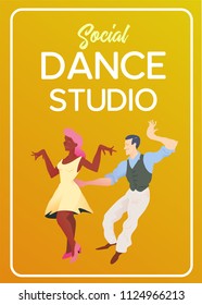 Poster for dance studio. Flyer or element of advertizing for social dances studio. Flat vector illustration. Dance party poster template, event flyer invitation.