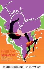 Poster of a dancer in movement. Arms outstretched. The dancer is surrounded by a swirling vortex of color, representing the energy and vitality of dance. purple background