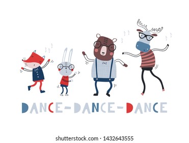 Poster with dancing animals: Dance, dance, dance. Hand drawn graphic for typography poster, card, label, brochure, flyer, page, banner, party.  Vector illustration in red, blue and black