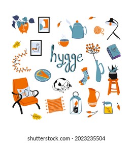 Poster with Danish lettering and cozy home stuffs like pillow, plants, furniture, lights, candle. Concept of Scandinavian lifestyle. Hand drawn vector illustration set for cards, posters, sticker.