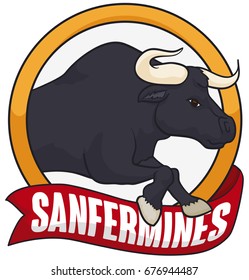 Poster with a dark bull coming out from a golden circle with a red greeting ribbon to commemorate traditional running of bulls for Spanish Sanfermines.